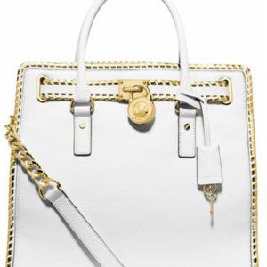 Michael Kors Whipped White Gold L Satchel Hamilton Convertible Leather Totes New